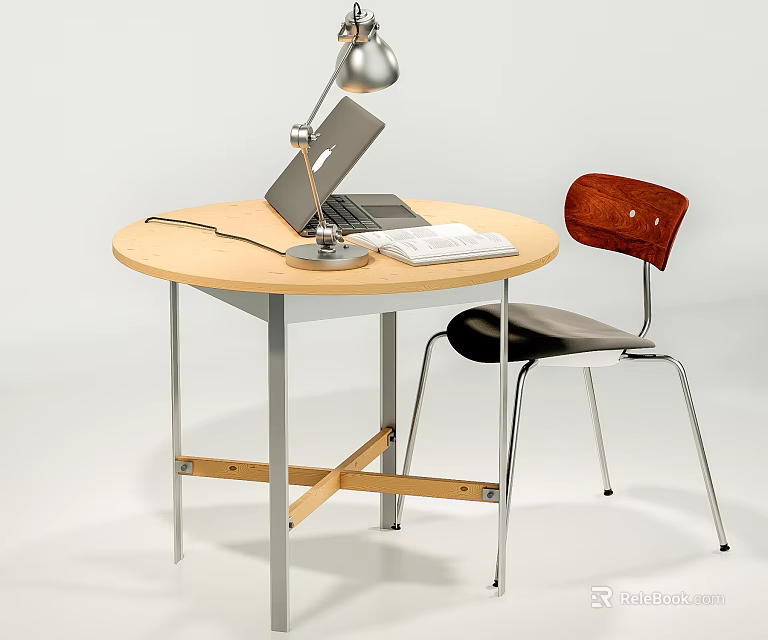 Round Dining Table with Metal Legs and Chair Featuring Laptop Table Lamp and Book 3d model 
