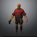 3D Construction Worker Character With Orange Hard Hat Red Shirt Knee Pads And Tools