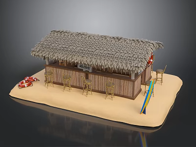 Tropical Beach Bar with Thatched Roof Wooden Structure and Surfboard Chairs on Sand 3d model