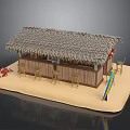 Tropical Beach Bar with Thatched Roof Wooden Structure and Surfboard Chairs on Sand
