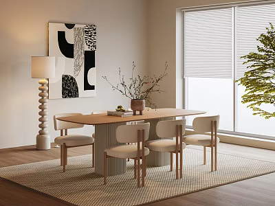 Modern Wooden Dining Table Set With Four Chairs Abstract Painting Floor Lamp And Natural Light 3d model