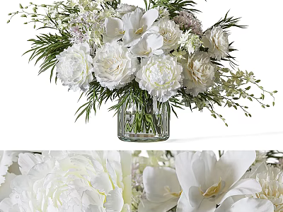 White Peony And Calla Lily Arrangement In Clear Glass Vase With Fresh Greenery 3d model