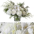 White Peony And Calla Lily Arrangement In Clear Glass Vase With Fresh Greenery