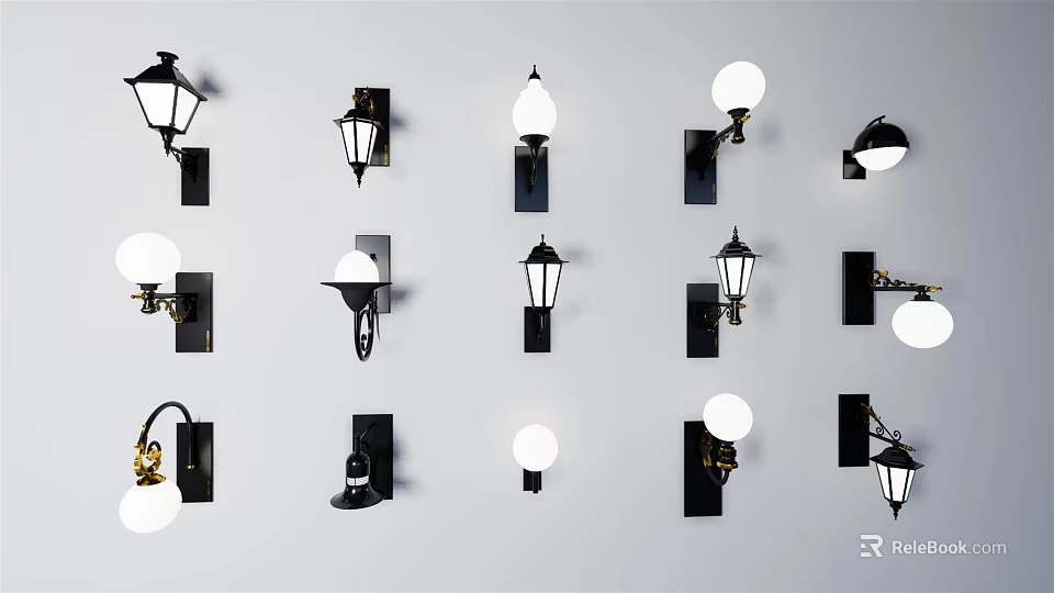 Various Stylish Wall Lamps with Black Bases and White Shades Mounted on White Wall 3d model 