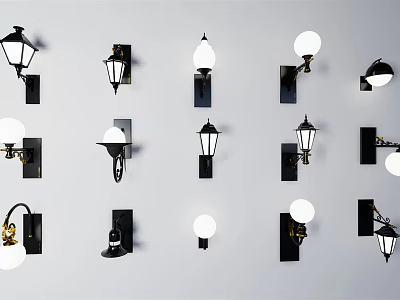 Various Stylish Wall Lamps with Black Bases and White Shades Mounted on White Wall 3d model