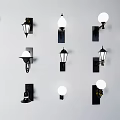 Various Stylish Wall Lamps with Black Bases and White Shades Mounted on White Wall