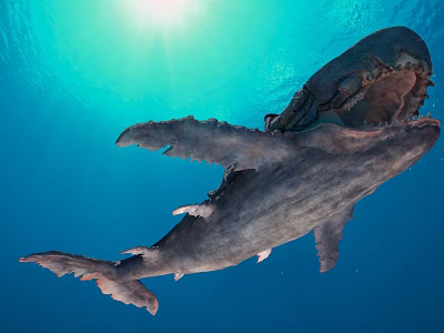 Giant Shark Swimming in Blue Ocean Water With Sunlight and Open Mouth 3d model
