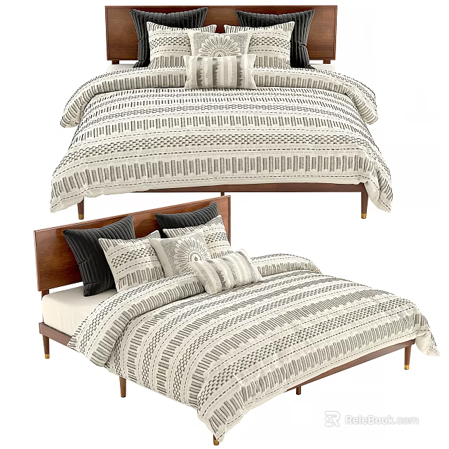 Modern Wooden Double Bed With Gray Beige Geometric Striped Bedding And Pillows 3d model 
