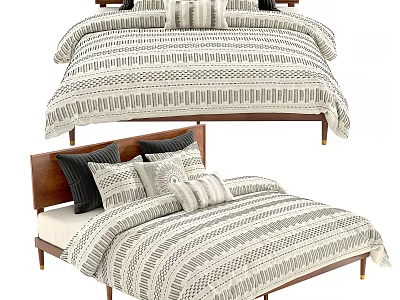 Modern Wooden Double Bed With Gray Beige Geometric Striped Bedding And Pillows 3d model