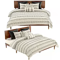 Modern Wooden Double Bed With Gray Beige Geometric Striped Bedding And Pillows