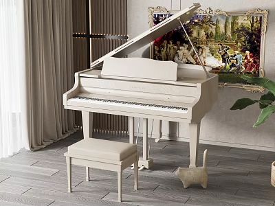 Elegant White Piano With Stool Classical Painting And Cat In Interior Room 3d model