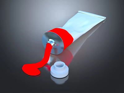 Red Paint Squeezing From Art Tube With White Cap On Black Surface 3d model