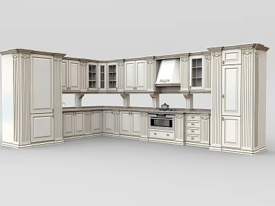 Classic White Kitchen Cabinets With Glass Front Doors And Range Hood 3d model
