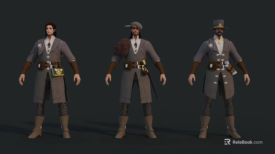 Three Game and Movie Characters in Similar Long Coats with Belts Boots and Badges 3d model 