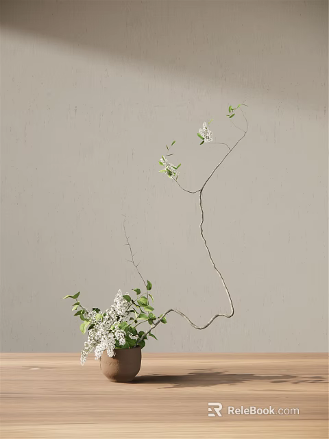 Minimalist Vase With Curved Branches White Blooms And Green Leaves On Light Gray Background 3d model 