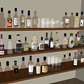 Elegant Wine Bottles and Glasses Collection on Wooden Shelves with Different Liquor Types