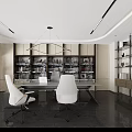 Modern Office Interior With Desk White Chairs Wooden Bookshelves Hanging Lights And Large Windows