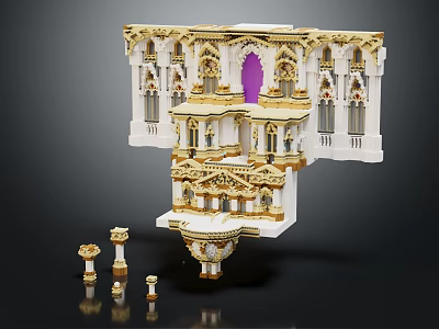 Cartoon Scene Building Blocks Model With Ornate Gold White Decor Purple Arch And Cylinder Components 3d model