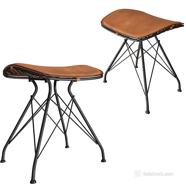 Modern Brown Leather Bar Stools With Crossed Black Metal Frame Design 3d model 