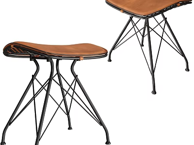Modern Brown Leather Bar Stools With Crossed Black Metal Frame Design 3d model