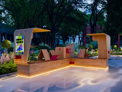 Landscape Seating With Wooden Design Illuminated In Outdoor Park Surrounded By Greenery 3d model