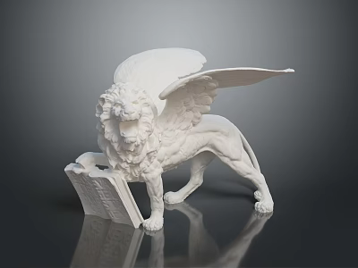 White Winged Lion Statue With Book Under Paw On Reflective Surface 3d model