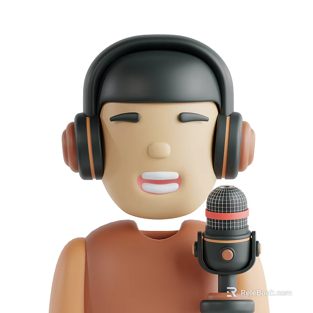 A Man Wearing Headphones And Holding Microphone Singing Joyfully With Happy Smile 3d model 