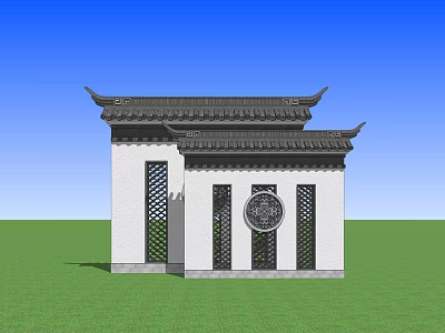 Traditional Chinese Scenic Wall With Classic Roof Lattice Windows And Circular Decoration 3d model