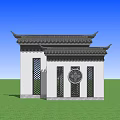 Traditional Chinese Scenic Wall With Classic Roof Lattice Windows And Circular Decoration