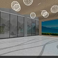 Modern Spacious Lobby With Wooden Ceiling Spherical Pendant Lights Marble Floor And Lake Mountain View