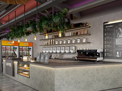 Stylish Coffee Shop Interior With Hanging Plants Counter Coffee Machine And Shelves 3d model