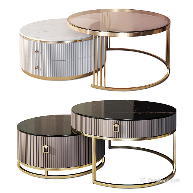 Elegant Modern Coffee Table With Marble Top Striped Drawers And Gold Metal Legs 3d model 