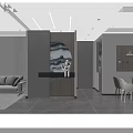 Modern Living Dining Room Interior With Wooden Wall TV Fireplace And Gray Tile Floor