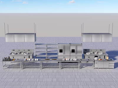 Stainless Steel Commercial Kitchen Equipment With Cooking Stations And Storage Racks 3d model