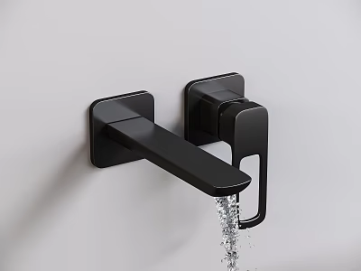 Black Wall Mounted Faucet with Water Flowing on White Wall Surface 3d model