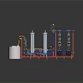 Industrial Piping System With Cylindrical Tanks Red Frame And Blue Pipes