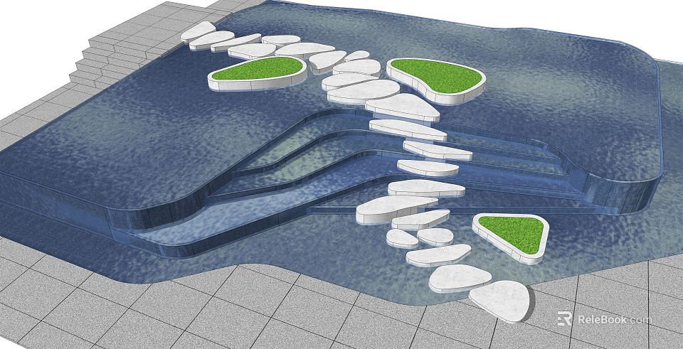 White Stepping Stones With Green Grass And Water In Paved Landscape Design 3d model 