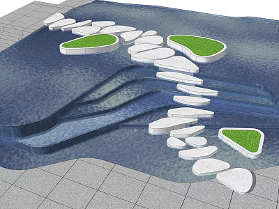 White Stepping Stones With Green Grass And Water In Paved Landscape Design 3d model