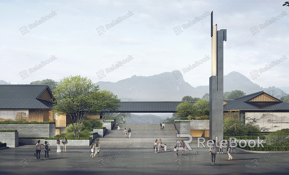 New Chinese Art Center Sloping Roof Cultural Tourism Town Art Center model