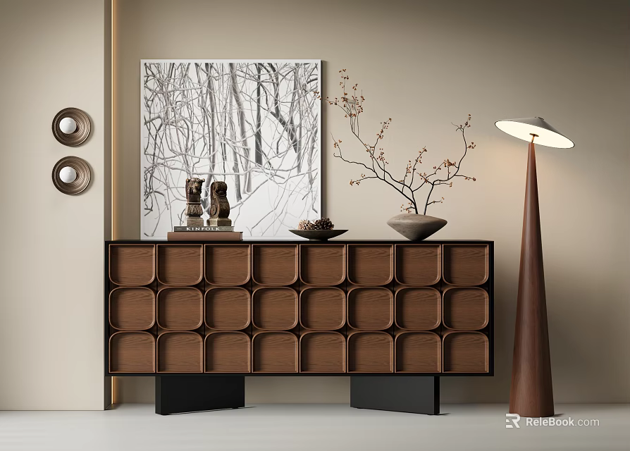 Elegant Modern Wooden Console Side Cabinet With Decorative Items And Floor Lamp 3d model 