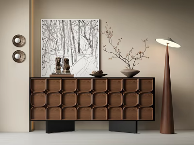 Elegant Modern Wooden Console Side Cabinet With Decorative Items And Floor Lamp 3d model