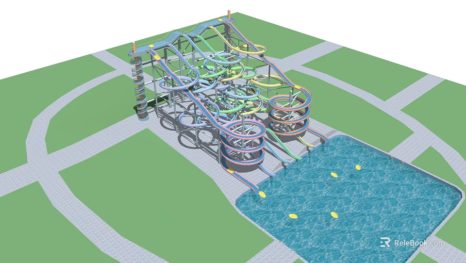 Colorful Spiral Water Slide Rides In Water Park With Swimming Pool And Green Lawn 3d model 