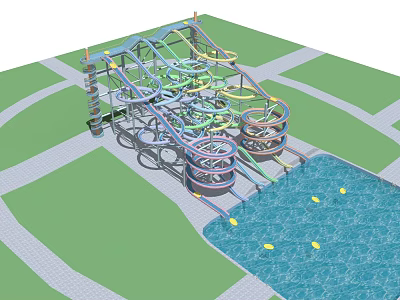 Colorful Spiral Water Slide Rides In Water Park With Swimming Pool And Green Lawn 3d model