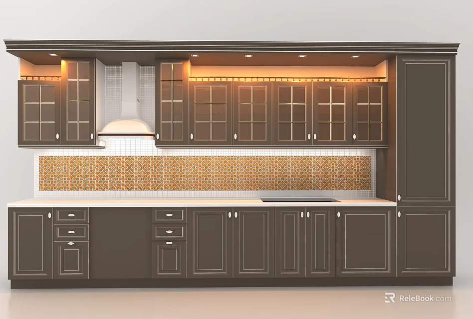 Modern Kitchen Interior With Dark Cabinets White Countertop And Orange Mosaic Backsplash 3d model 