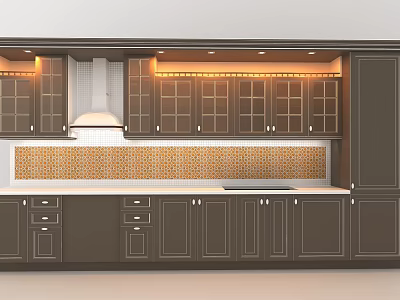 Modern Kitchen Interior With Dark Cabinets White Countertop And Orange Mosaic Backsplash 3d model