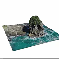 Scenic Natural Scene With Large Rock Lush Green Vegetation And Turquoise Blue Sea Waves