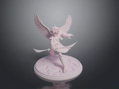 Game And Movie Character 3D Model With Wings And Dual Swords On Pink Base 3d model