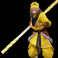 Mythical Warrior in Yellow Traditional Outfit holding a Long Staff standing on Colorful Fluffy Clouds