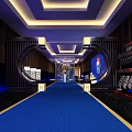 Modern Elevator Hallway Interior With Blue Carpet Ceiling Lighting And Decorative Walls 3d model