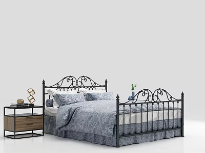 Double Bed With Black Iron Frame Ornate Design Blue Floral Bedding And Nightstand 3d model